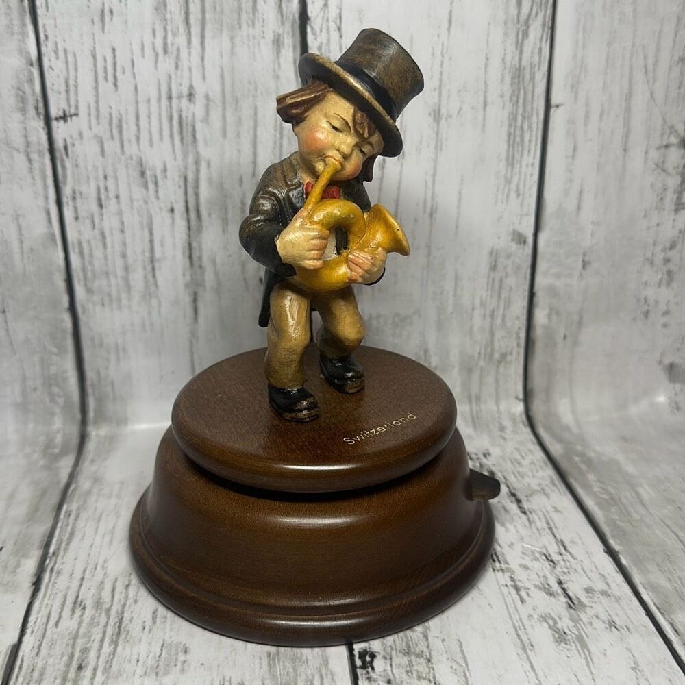 Switzerland Wooden Musical Figurine Playing Horn Romance Bolereo M. Ravel